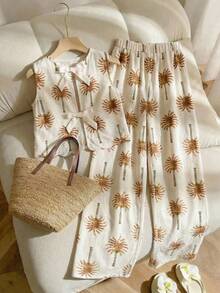 SHEIN 2pcs Girls Coconut Tree Print Bow Backless Camisole And Wide Leg Pants Set - Apricot - View 4