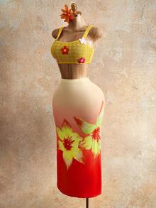 Mistrie Women's Ombre Floral Print Vacation Skirt - Red - View 5