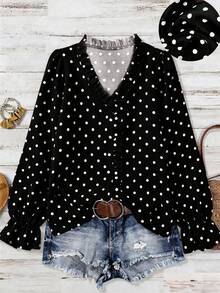 Linhara Plus Size Women's Polka Dot Basic Casual Long Sleeve V-Neck Blouse - Black - View 1