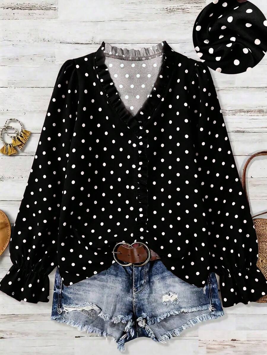 Linhara Plus Size Women's Polka Dot Basic Casual Long Sleeve V-Neck Blouse - Black - View 1