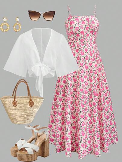 GlowEve CURVE Plus Size Women 2pcs Set: Solid Color Front Tie Short Sleeve Shirt & Floral Print Camisole Dress