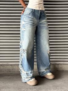 StreetHx Quần jeans ống đứng phong cách đường phố, rách rưới, cổ điển dành cho nữ. - Rửa trung bình - Xem 5