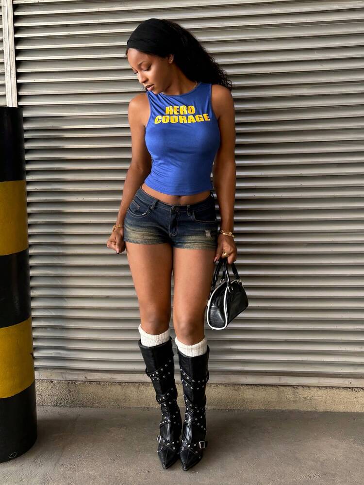 StreetHx 街头风女式无袖字母印花背心，春夏款 - 藍色 - 查看 2