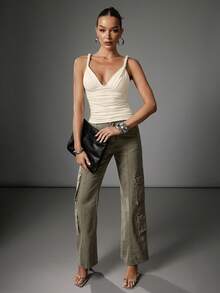 Hauture Women's Sexy Casual Twisted Shoulder With Low Back Design Going Out Basic Top - Apricot - View 6