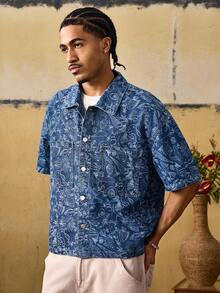 ROMWE MEN Street Life Men's All-Over Print Front Button Pocket Casual Short Sleeve Denim Shirt - Blue - View 4