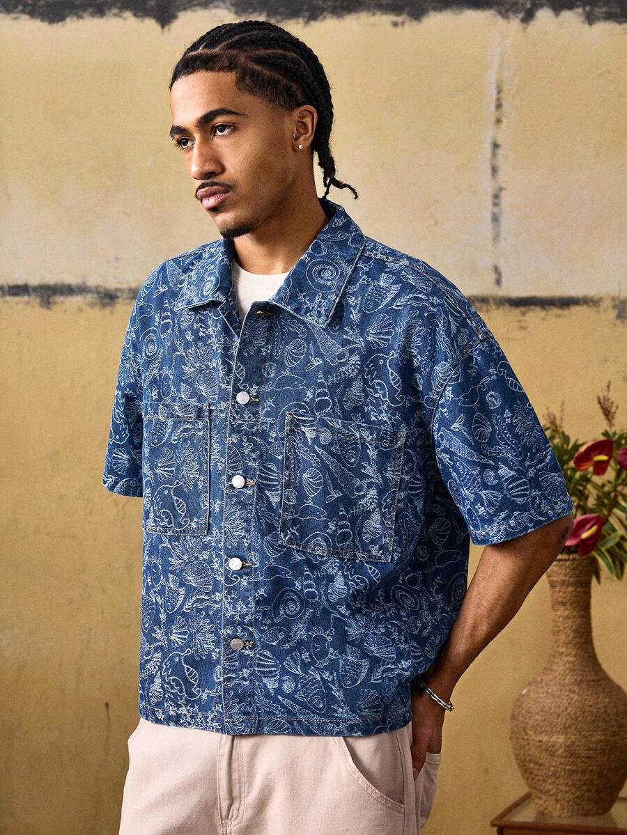 ROMWE MEN Street Life Men's All-Over Print Front Button Pocket Casual Short Sleeve Denim Shirt - Blue - View 1