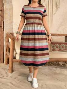 SHEIN LUNE SHEINLUNE Plus Size Women Striped Short Sleeve Knit Dress,Pink And Grey Summer Boho Vacation Holiday Outfits,Modest Spring Resort Wear,Tropical Club - Multicolor - View 1