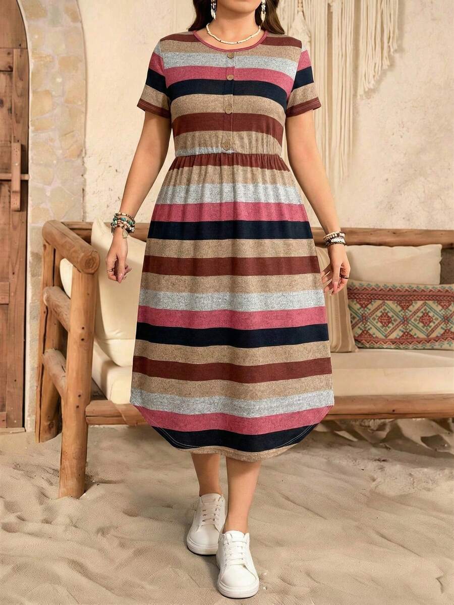 SHEIN LUNE SHEINLUNE Plus Size Women Striped Short Sleeve Knit Dress,Pink And Grey Summer Boho Vacation Holiday Outfits,Modest Spring Resort Wear,Tropical Club - Multicolor - View 1