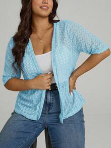 Comfylo 大码休闲纯色开襟短袖针织衫，夏季 - 淺藍色 - 查看 4