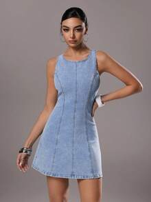 TRNVIE Women's Round Neck Sleeveless Fitted Casual Denim Dress - Blue - View 4
