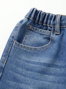 Jeans de pierna ancha con diseño de lavado desgastado vintage clásico azul oscuro, aplicación de dígito "67" y bordado de estrella multicolor para adolescentes - Azul lavado oscuro - Ver 8
