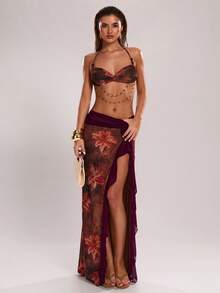 SHEIN BAE 女士长款黄色碎花连衣裙，饰有串珠，性感沙滩度假连衣裙，适合海滩旅行和休闲场合 - 黃色 - 查看 3