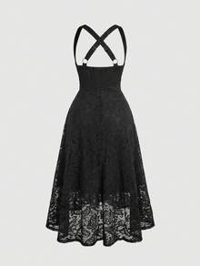 SHEIN MOD 加大码黑色复古宫廷风女士PU皮吊带裙 - 黑色 - 查看 4