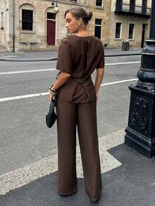 Siren Gaze 2pcs Women Casual Wrap Top And Pants Set, Linen Ladies Outfit, Pants Set, Valentine's Day & New Year Ladies Suit Jacket, Brown 2pcs Set, Suit, Office Ladies Wear, Business Ladies Wear, 2pcs Spring Summer Outfit, Couple Matching, Shirt Set, Parent-Child Pajamas, New Year Ladies Wear - Brown - View 2