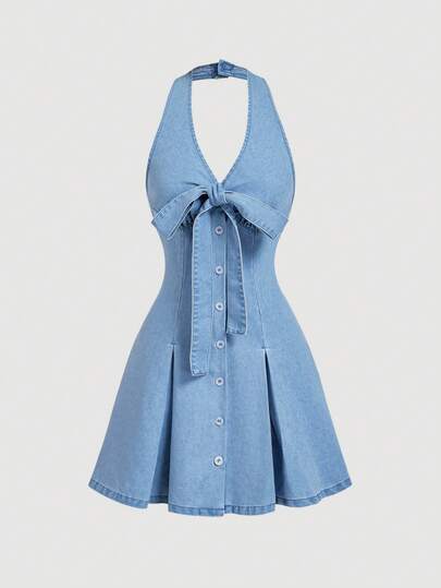 Sweetra Vestido de mezclilla casual de mujer con cuello de halter y lazo