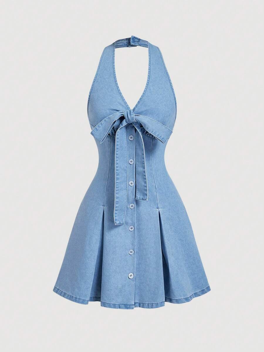 Sweetra 女士休闲纽扣系带露背牛仔连衣裙 - 藍色 - 查看 1