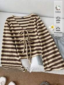 SHEIN LUNE Áo kiểu nữ cotton thường ngày màu nâu/trắng kẻ sọc cổ chữ V tay loe thắt nút phía trước – Áo màu nâu sô cô la mùa xuân/thu, áo thắt nút phía trước màu nâu, trang phục mùa hè đa năng, lễ hội miền Tây, phong cách vintage cô gái đảo, kỳ nghỉ bên bờ biển, không khí lãng mạn của kỳ nghỉ, kỳ nghỉ xuân, du thuyền biển, lễ hội âm nhạc Boho, khách dự đám cưới, chuyến đi thành phố, kỳ nghỉ xuân hè thanh lịch. - Nhiều màu - Xem 7