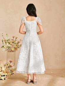 Teen Girl Floral Embroidery Pattern Fashionable Chic Party Vacation Dress - White - View 2