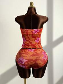 Zestiva 2pcs Women's Tankini Set, Halter High Waist Swimwear With Drawstring, Lily Flower Print, Bohemian Style For Beach, Pool Party, Spring/Summer - Multicolor - View 2