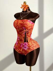 Zestiva 2pcs Women's Tankini Set, Halter High Waist Swimwear With Drawstring, Lily Flower Print, Bohemian Style For Beach, Pool Party, Spring/Summer - Multicolor - View 3