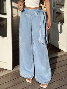 Sunnyshic 女士休闲度假抽绳腰阔腿牛仔裤 - 藍色 - 查看 1