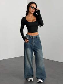 SHEIN PETITE 2pcs/Set Sexy Wide Neck Long Sleeve Form-Fitting T-Shirt Crop Tops Y2k - Multicolor - View 12