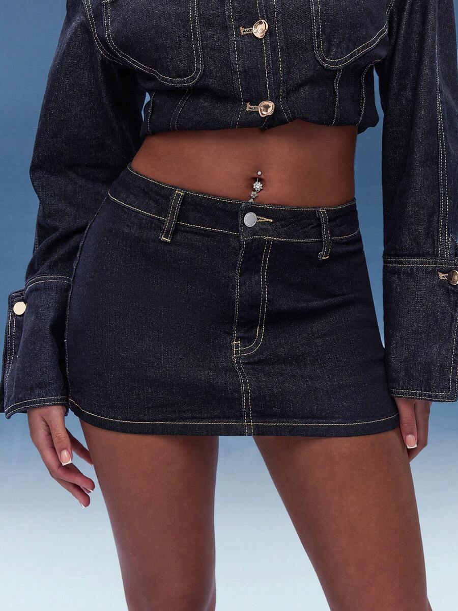Normani Jupe en jean moulante mini de couleur unie d'été pour femmes - Jean bleu - Voir 1