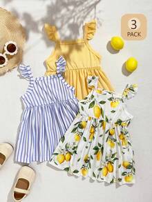 Playful Pals 3pcs/Set Baby Girl Lemon Print Blue & White Striped Ruffle Sleeve Dress, Versatile For Summer Outings, Photo Shoots Or Daily Wear - Multicolor - View 1