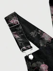 ROMWE Fairycore Y2K Vintage Rose Print Romantic Countryside Loose Denim Jumpsuit, Plus Size, Spring - Black - View 3
