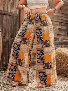 Ceyna Plus Size Straight Loose Drawstring Pants, Multi-Color, Suitable For Spring & Summer Music Festival Pants Boho Pants For Women Patchwork Pants Bohemian Trousers Wide Leg Pants Woman High Waist Boho Women's Clothing - Multicolor - View 3