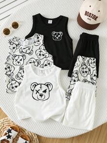 SHEIN Set de 3 piezas de ropa interior básica para bebé niño con chaleco y pantalones cortos con diseño de rayas y estampado de dibujos animados para el verano y vacaciones - Multicolor - Ver 1