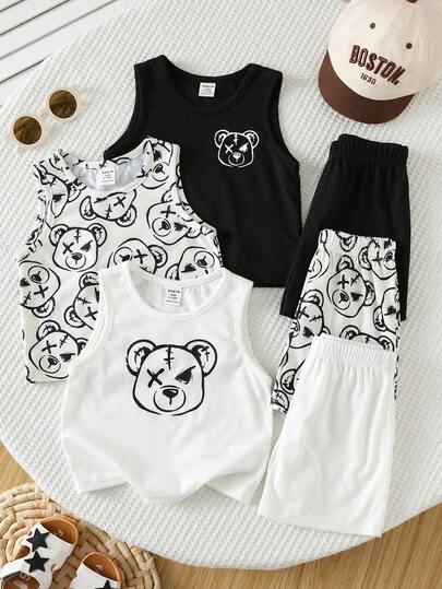 SHEIN Set de 3 piezas de ropa interior básica para bebé niño con chaleco y pantalones cortos con diseño de rayas y estampado de dibujos animados para el verano y vacaciones