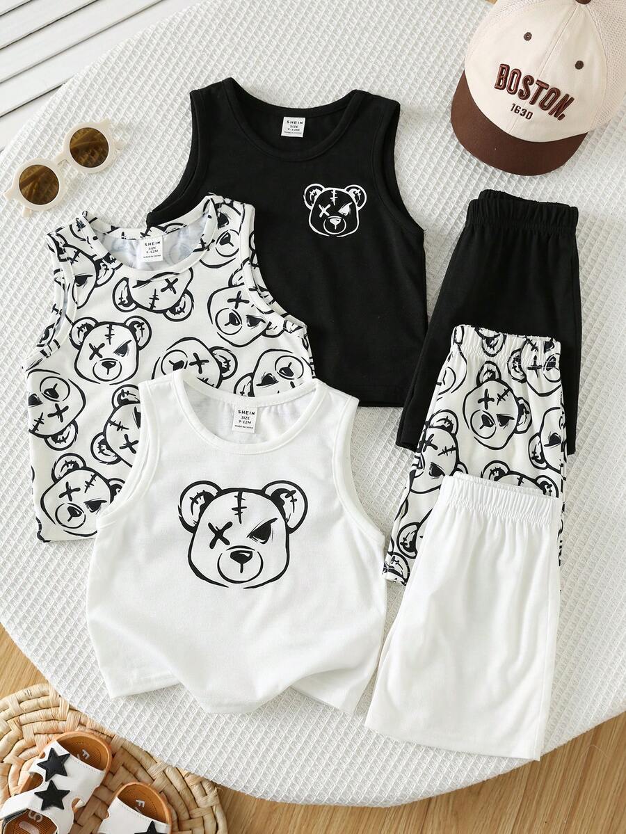 SHEIN Set de 3 piezas de ropa interior básica para bebé niño con chaleco y pantalones cortos con diseño de rayas y estampado de dibujos animados para el verano y vacaciones - Multicolor - Ver 1