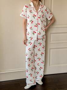 Dream Adore 樱桃波点印花口袋短袖睡衣套装（女士款） - 紅色 - 查看 5