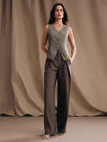 Anewsta Women's Elegant Date/Commute Sleeveless V-Neck Grey Vest With Metallic Decorative Button - Grey - View 6