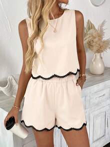 Easowa Damen Lässig einfarbiges Rüschenbesatz besticktes Blumen-Ärmelloses Top und Shorts 2-Teiliges Set, geeignet für Sommerurlaub und Alltagstragen - Khaki - Übersicht 7