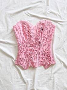 Soleia 露肩蕾丝层叠修身束身胸衣上衣，性感前卫度假风，镂空刺绣连体衣，适合夜间外出、婚礼宾客、秋季穿着。 - 粉色 - 查看 5