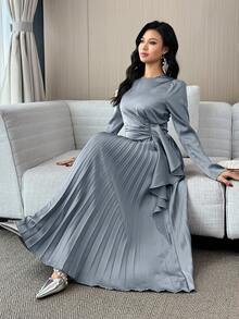 Modelyn 女士优雅褶裥腰身连衣裙，纯色，款式端庄，适合春秋季穿着 - 藍色 - 查看 7