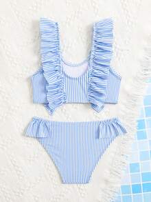 SHEIN Young Girl Striped Print Ruffle Trim Bikini Set, Random Print - Blue - View 2