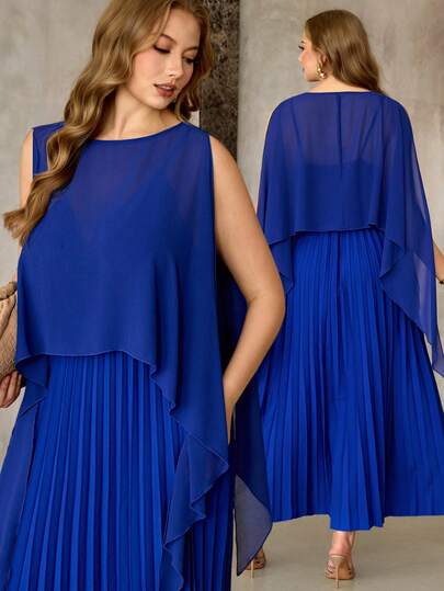 Roveilla Plus Size Women's New Fashionable Elegant Navy Blue Spaghetti Strap Waist Pleated Dress, Chiffon Round Neck Wrap Two Pieces Set