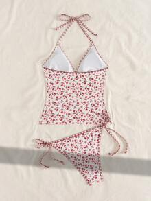 Swim Mod 女士夏季度假休闲沙滩装碎花两件套，包括吊带背心、系带比基尼上衣和条纹系带泳衣 - 彩色 - 查看 2