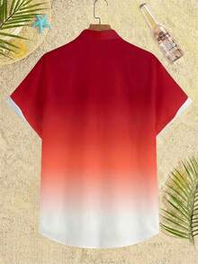 Genlund 男士渐变色前开襟印花短袖衬衫，夏季款 - 紅色 - 查看 3