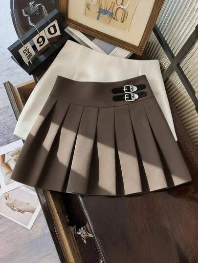 Franclia Minifalda plisada de cintura alta con hebilla decorativa para mujer, estilo casual versátil
