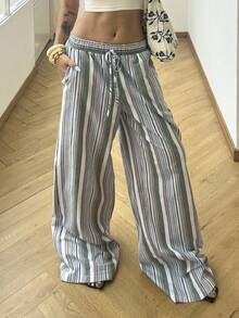 SHEIN Tall 女款高腰綠色與白色條紋亞麻寬腿長褲，夏季波希米亞度假海灘休閒鄉村風優雅自然服飾，適合高個女性 - 軍綠色 - 查看 7