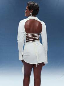 Normani Women's Fashionable Sexy Lace-Up Backless Mini Wrap Dress - White - View 2