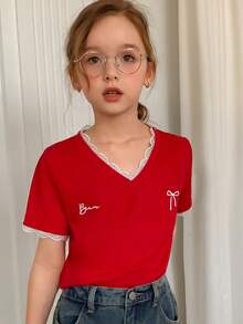 Dazy Kids 少女V领蕾丝拼接短袖T恤，秋夏季 - 紅色 - 查看 6