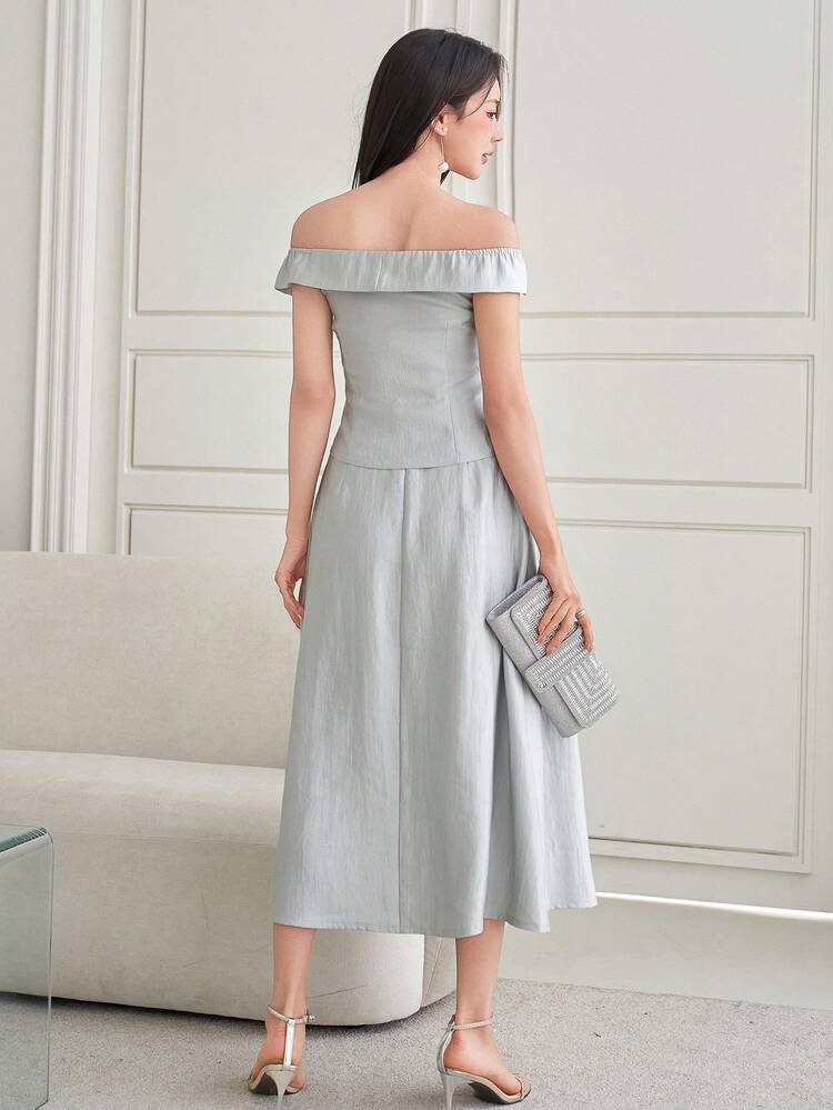 Women's Elegant Solid Color Off-Shoulder Top And A-Line Skirt 2-Piece Set, Summer