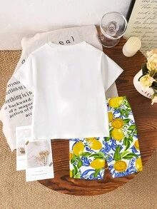 2件套女童时尚度假风柠檬字母印花短袖T恤和柠檬花卉印花短裤套装，适合春夏外出穿着 - 彩色 - 查看 2