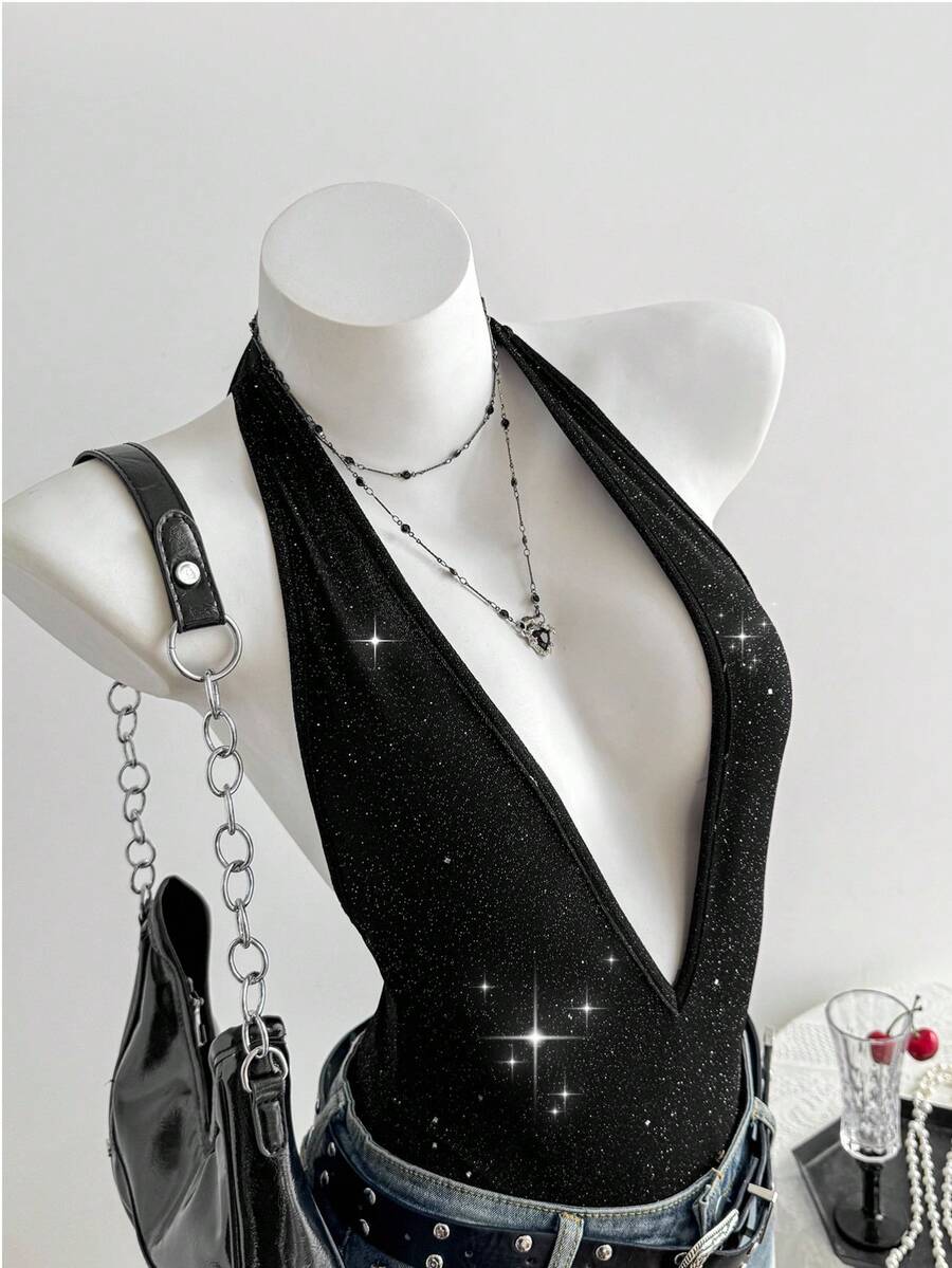 Elamini 黑色亮片针织面料深V领露背连体衣，适合春夏、派对、度假、休闲外出、街头、约会、复古时尚等场合，简约百搭，日常穿着也十分出彩。 - 黑色 - 查看 1