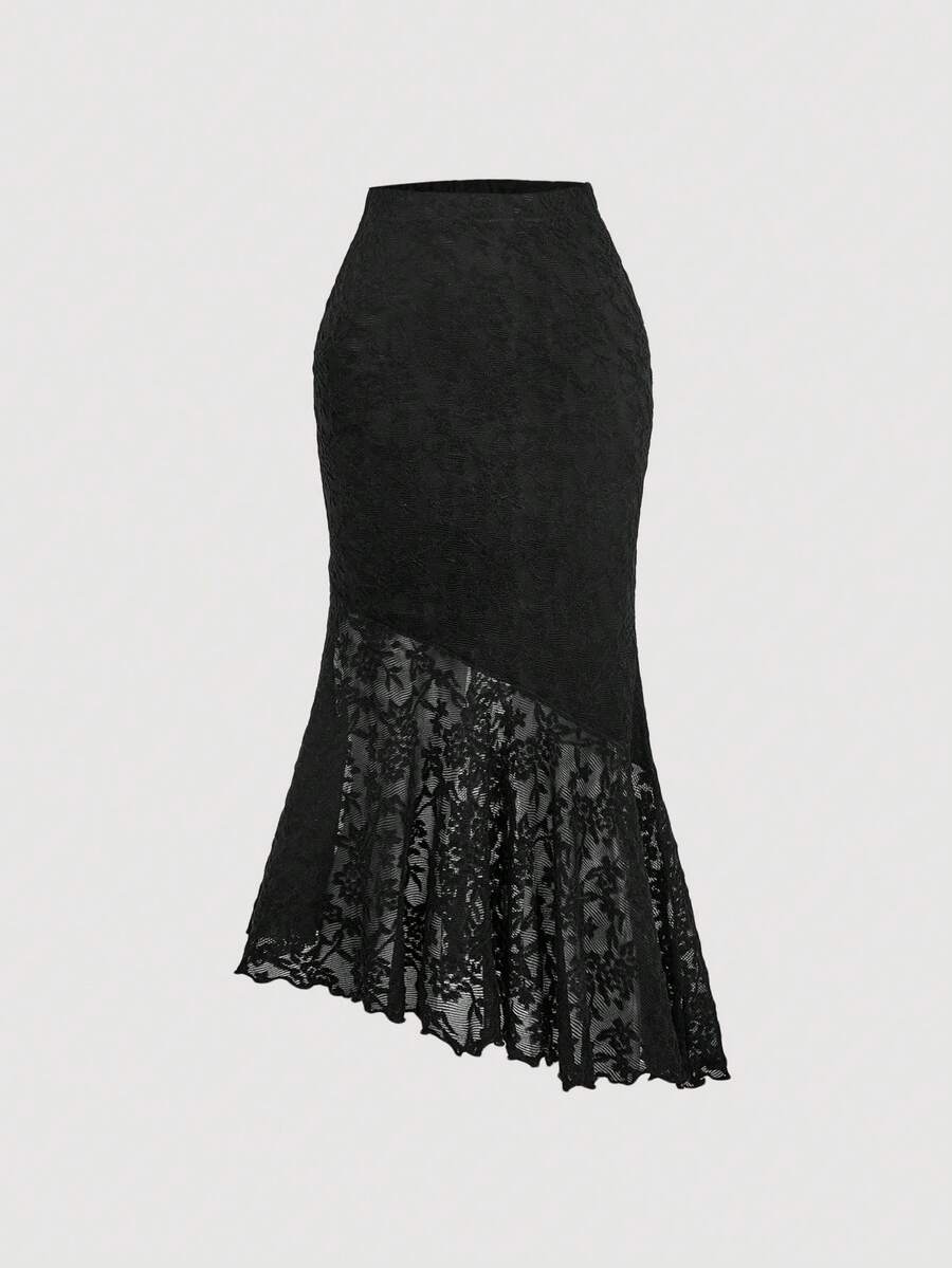 SHEIN MOD Chân váy đuôi cá thanh lịch, bất đối xứng, có họa tiết dành cho nữ. - màu đen - Xem 1